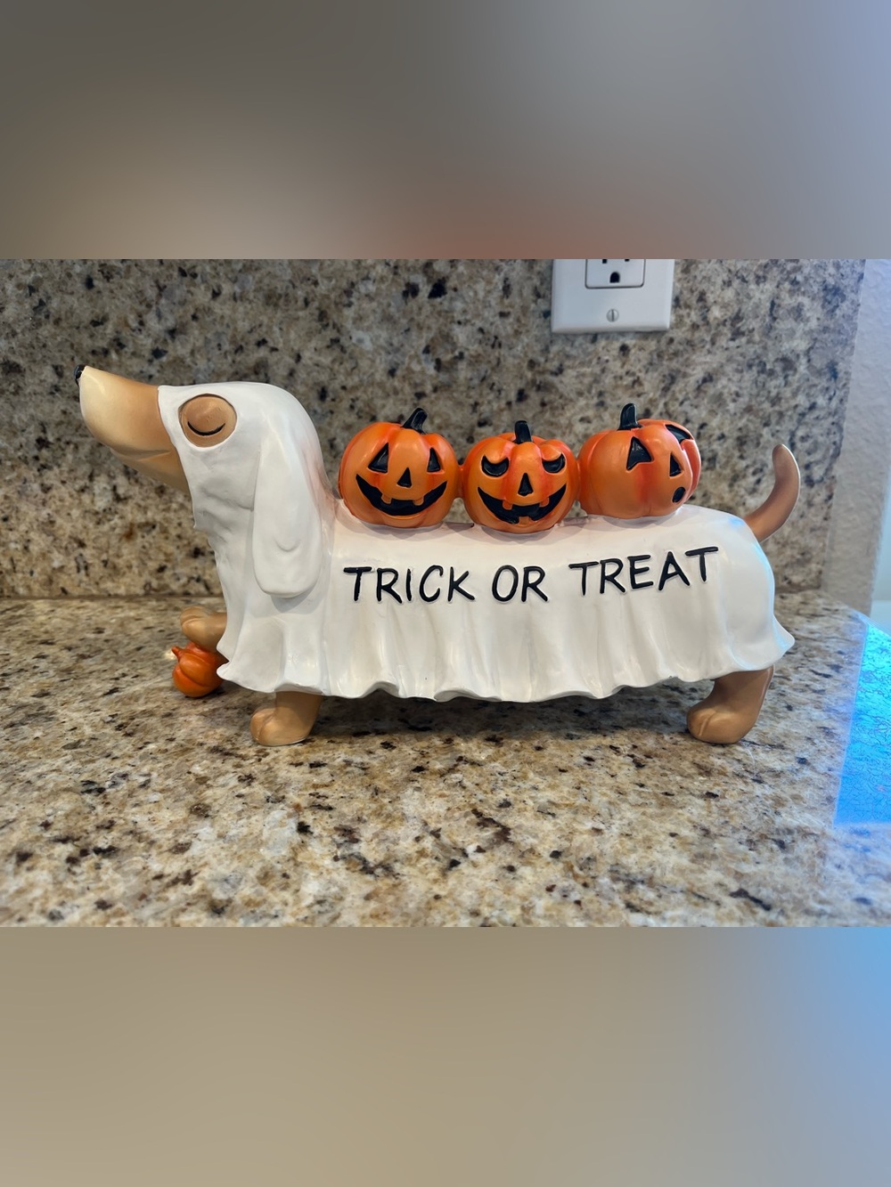 Dachshund  Dog Halloween Figurine with Pumpkins - 'Trick or Treat' Ghost Costume